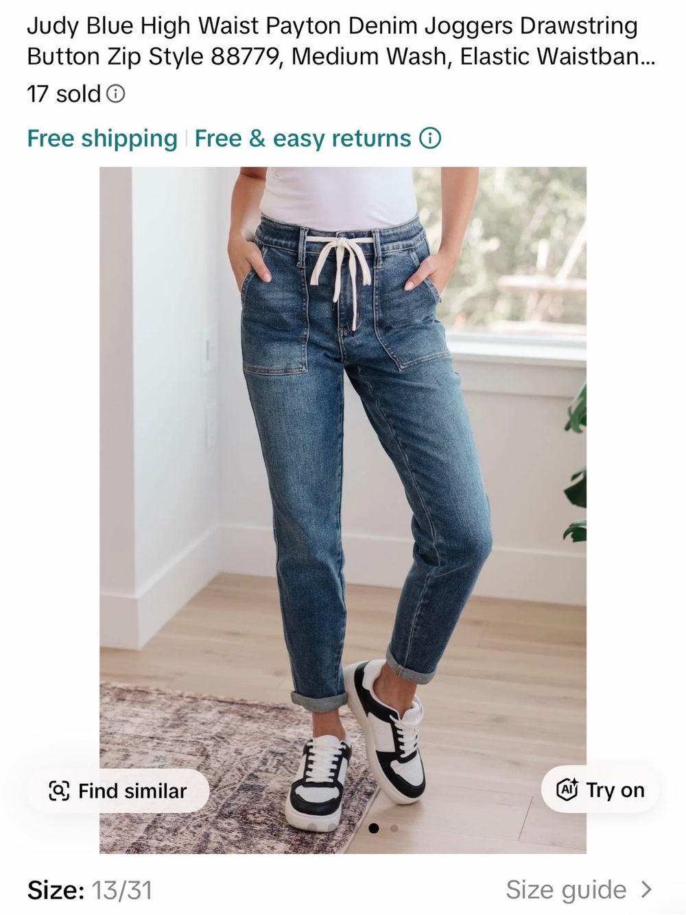 Judy Blue High Waist Payton Denim Joggers - Medium Wash Blue